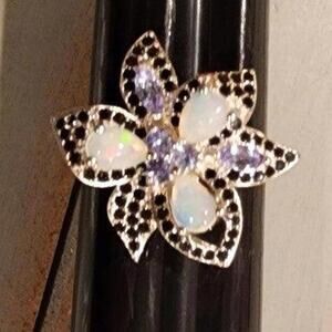 Fire Opal & Black Spinel Tanzanite 925 Sterling Silver Ring Size 9.25